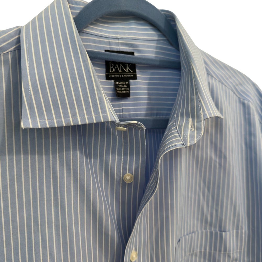 Jos. A. Bank Dress Shirt Blue White Stripe 100% Cotton Tailored Fit 17.5 34